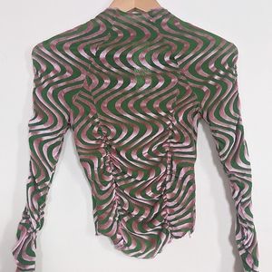 Urban Outfitters Sheer Green / Pink Stretch Top XS 90s Disco Mardi Gras Velvet